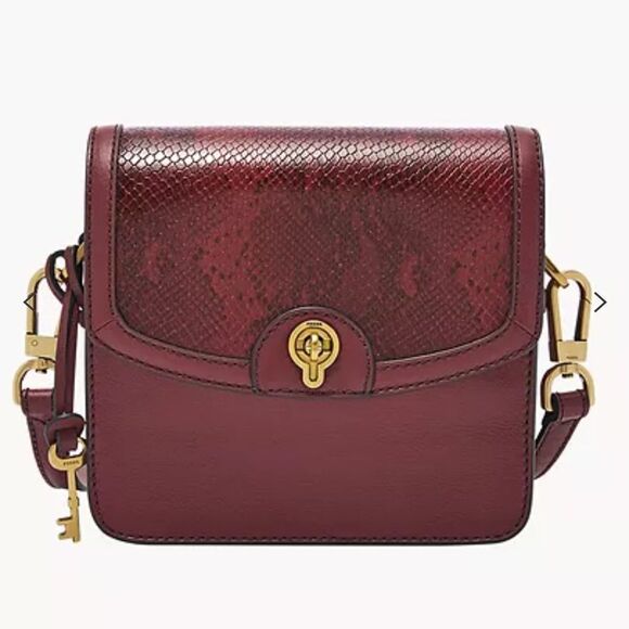 FOSSIL Ainsley Burgundy Croc Print Combo Leather Small Crossbody Bag Purse - Picture 1 of 7